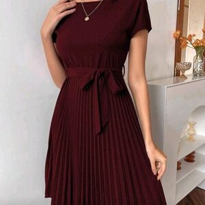 SHEIN Burgundy Midi Dress with Waist Tie
